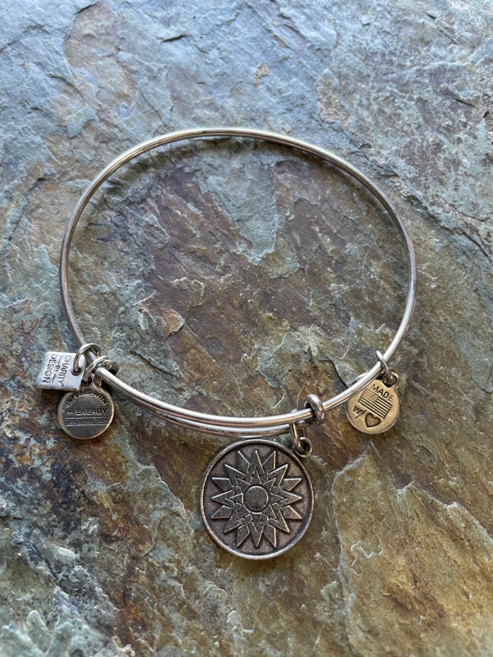 Alex & Ani New Beginnings Sunburst Charm Bangle Bracelet in Antique Gold